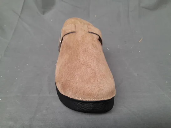 BOXED PAIR OF DESIGNER PLATFORM CLOSED TOE CLOGS IN TAUPE SIZE 6