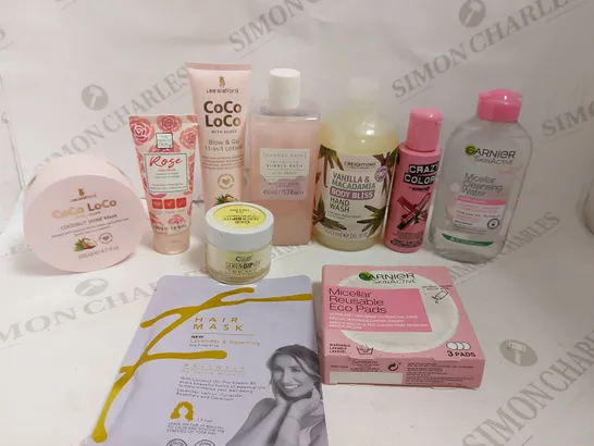 BOX OF APPROX 20 COSMETIC ITEMS TO INCLUDE LEE STAFFORD COCOLOCO 11-IN-1 LOTION, HAIR MASK AND GARNIER MICELLAR WATER