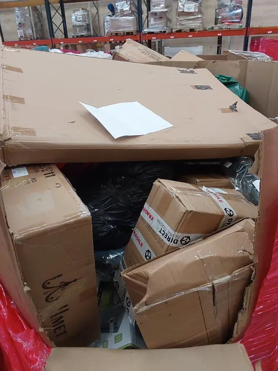 PALLET OF ASSORTED HOUSEHOLD ITEMS AND CONSUMER PRODUCTS TO INCLUDE; CHANDELIER LIGHT, ELECTRIC BLANKET, TOILET SEAT, BOXED FURNITURE ETC 