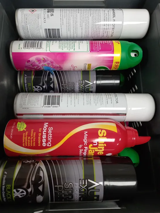 BOX OF APPROX 15 ASSORTED LIQUIDS TO INCLUDE - SHINE N JAM, SPRAY PAINT, AIR WICK ETC