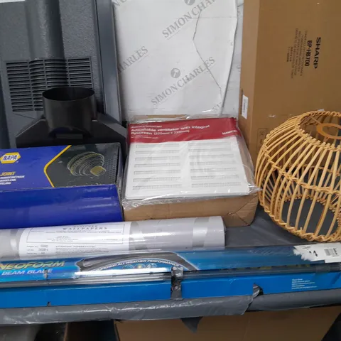 LOT OF APPROXIMATELY 14 ASSORTED HOUSEHOLD ITEMS TO INCLUDE ROUND RATTAN LAMPSHADE, FLOOR LAMP BASES, NAPA CV JOINT, VENTILATOR FLY SCREENS AND WIPER BLADES