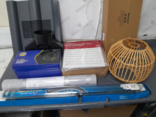 LOT OF APPROXIMATELY 14 ASSORTED HOUSEHOLD ITEMS TO INCLUDE ROUND RATTAN LAMPSHADE, FLOOR LAMP BASES, NAPA CV JOINT, VENTILATOR FLY SCREENS AND WIPER BLADES