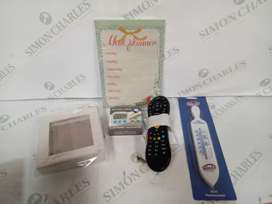 BOX OF APPROX 30 ASSORTED ITEMS TO INCLUDE - MINI PICTURE FRAME, TV REMOTE, MEAL PLANNERS AND BATH THERMOMETERS ETC