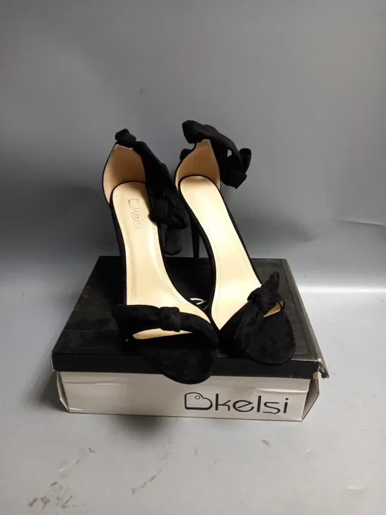 BOXED KELSI LADIES BLACK SATIN HIGH HEELED SANDALS WITH TIE DETAIL SIZE EU 41