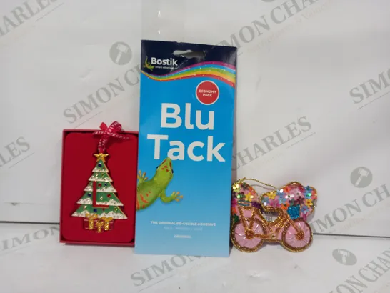 LOT OF APPROXIMATELY 10 ASSORTED HOUSEHOLD ITEMS TO INCLUDE BLU TACK, EMBROIDERY BICYCLE, TIPPERARY CRYSTAL CHRISTMAS TREE DECORATION, ETC