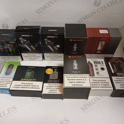 BOX OF APPROXIMATELY 25 E-CIGARETTE PRODUCTS TO INCLUDE VOOPOO DRAG 4, FREEMAX SOLO, ARGUS PRO ETC