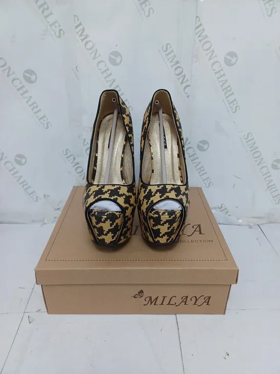 BOXED LOT OF 5 PAIRS OF LADIES MILAYA COLLECTION SHOES. BLACK AND GOLD VARIOUS SIZE