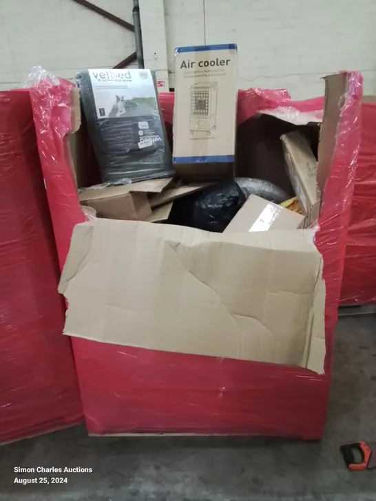 PALLET CONTAINING VARIOUS BOXED HOUSEHOLD ITEMS TO INCLUDE DOG BED, AIR COOLER ETC.