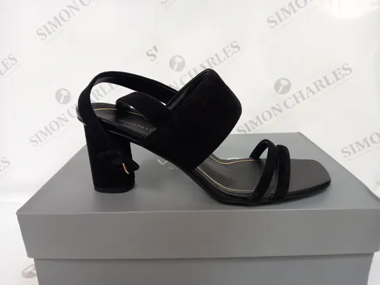 BOXED VIONIC BLACK OPEN TOE HIGH HEELS - SIZE 6