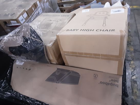 PALLET OF ASSORTED ITEMS TO INCLUDE A BOXED CARRY COT AND BOXED BABY HIGH CHAIR