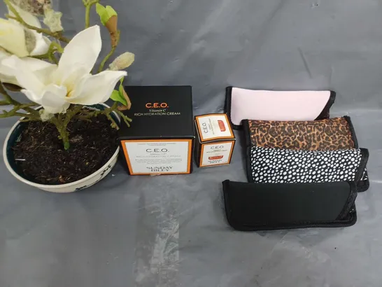 BOX OF APROX 15 ITEMS TO INCLUDE GLASSES C.E.O VITAMIN C - FAUX PLANTS - COLLECTION ONLY 