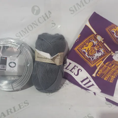 BOX OF APPROXIMATELY 15 ASSORTED HOUSEHOLD ITEMS TO INCLUDE KING CHARLES TEA TOWEL, YARN, GALVANISED LINE WIRE, ETC