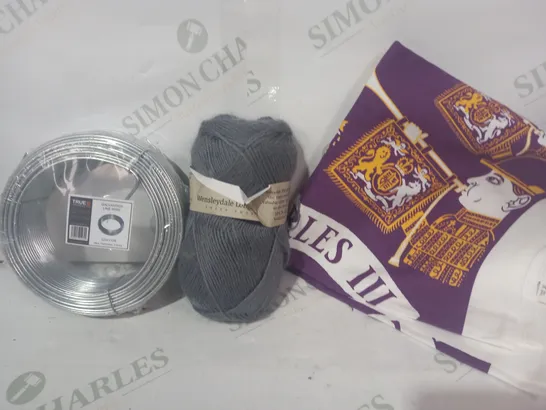 BOX OF APPROXIMATELY 15 ASSORTED HOUSEHOLD ITEMS TO INCLUDE KING CHARLES TEA TOWEL, YARN, GALVANISED LINE WIRE, ETC