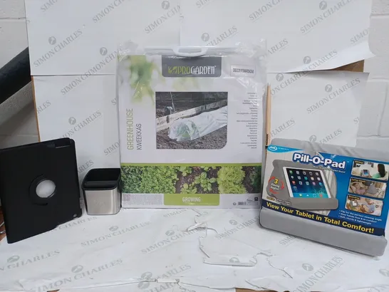 BOX OF APPROX 30 ASSORTED ITEMS TO INCLUDE - PRO GARDEN GREENHOUSE - SAGE KNOCK BOX - PILLOW PAD ECT