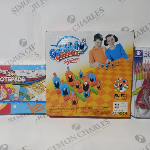 BOX OF APPROXIMATELY 20 ASSORTED TOYS AND GAMES TO INCLUDE SET OF COLOURED PENCILS, GOBBLET GOBBLERS, SET OF NOTEPADS, ETC