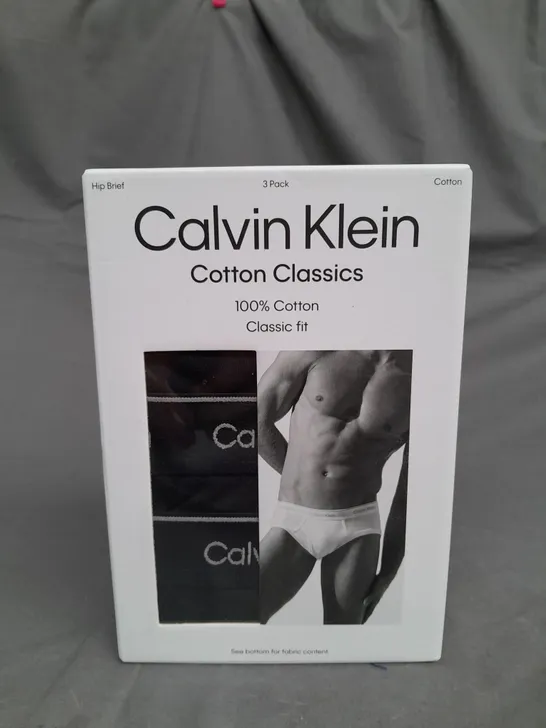 BOXED CALVIN KEIN COTTON CLASSICS HIP BRIEF 3 PACK (SMALL) - BLACK