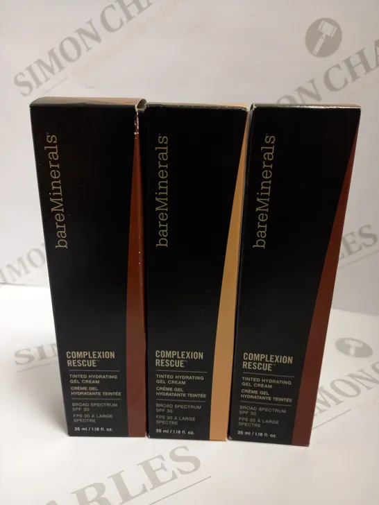 LOT OF 3 X 35ML BAREMINERALS COMPLEXION RESCUE TINTED HYDRATING GEL CREAM BROAD SPECTRUM SPF 15 - CEDAR 11 AND CASHEW 3.5 SHADES