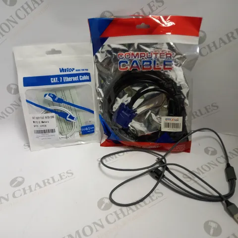 LARGE QUANTITY OF 10 ASSORTED POWER CABLES AND OTHER TYPES OF CABLES TO INCLUDE CAT.7 ETHERNET CABLE, COMPUTER CBALE, USB-C CHARGING CABLE, ETC