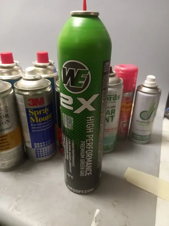 LOT CONTAINING VARIOUS AEROSOLS TO INCLUDE; SPRAY ADHESIVE, GUITAR PAINT, BUTANE BATTERY PORTABLE POWER 