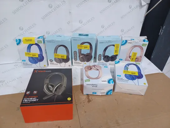 SEVEN ASSORTED WIRED/UNWIRED HEADPHONES AND A PC STEREO GAMING HEADSET 