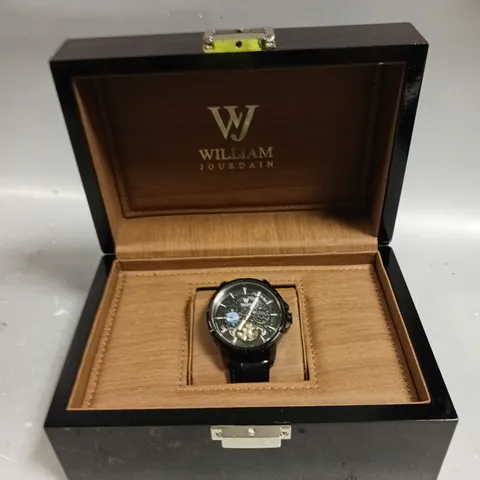 MENS WILLIAM JOURDAIN AUTOMATIC 2580 WATCH – OPEN HEART MOVEMENT WITH SUB DIALS – GLASS EXHIBITION BACK CASE – BLACK GENUINE LEATHER STRAP