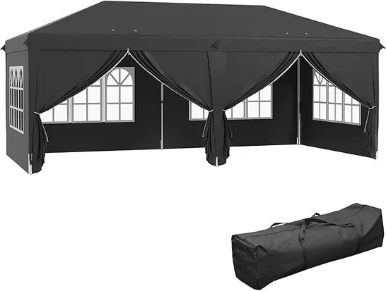 BOXED 3 X 6M GARDEN POP UP GAZEBO, HEIGHT ADJUSTABLE MARQUEE PARTY TENT - BLACK (1 BOX)