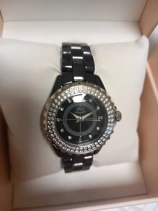 5 BRAND NEW DIAMONIQUE CERAMIC WATCH BLACK WITH MICHELLE MONE BOX WHITE CUBIC ZIRCONIA ON BEZEL AND DIAL