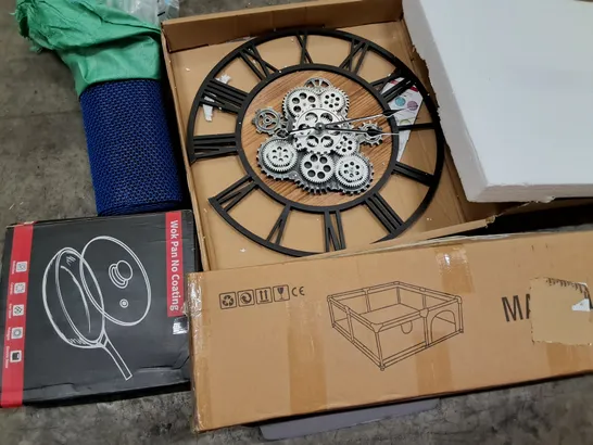 PALLET OF ASSORTED HOUSEHOLD ITEMS TO INCLUDE COG THEMED WALL CLOCK, ANIMAL PEN AND WOK PAN