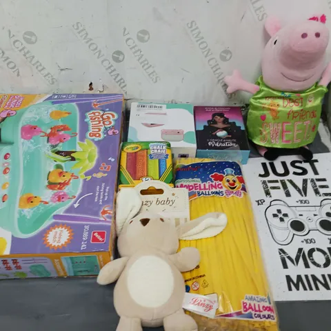 LARGE BOX OF ASSORTED TOYS AND GAMES TO INCLUDE PEPPA PIG, CRAYOLA AND BALLOONS