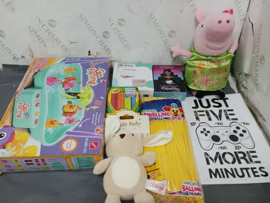 LARGE BOX OF ASSORTED TOYS AND GAMES TO INCLUDE PEPPA PIG, CRAYOLA AND BALLOONS