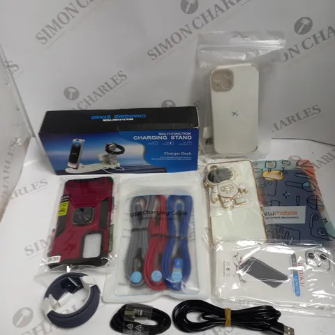 BOX TO CONTAIN APPROX. 28 X ASSORTED PHONE ACCESSORIES. INCLUDES MOBILE PHONE CASES, CHARGING CABLES, SCREEN PROTECTORS ETC 