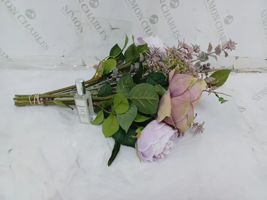 BOXED FAUX FLOWER ARRANGEMENT. COMES WITH A GLASS VASE AND PEONY FLOWER/ROOM SCENT