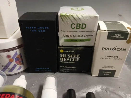 LOT OF 15 ASSORTED CBD ITEMS TO INCLUDE OILS, DROPS, RUBS AND CREAMS