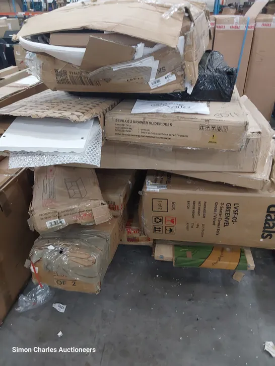 PALLET OF ASSORTED BOXED FURNITURE PARTS INCLUDING SOFA UNITS, DESK, TV UNIT & BED PARTS