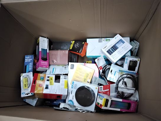 BOX OF ASSORTED ELECTRONIC ITEMS TO INCLUDE POLAROID SOUND BAR WITH SUBORDER, BLACKWEB GAMING SPEAKERS, FITRX MASSAGE GUN, ONN PORTABLE AM/FM RADIO, TAPO HOME SECURITY WI-FI CAMERA, ETC