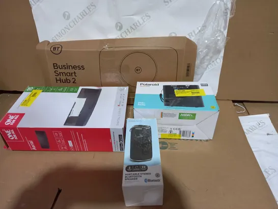 BOX OF APPROXIMATELY 35 ASSORTED ITEMS TO INCLUDE A BUSINESS SMART HUB, PORTABLE STEREO BLUETOOTH SPEAKER AND A DAB+ RADIO 