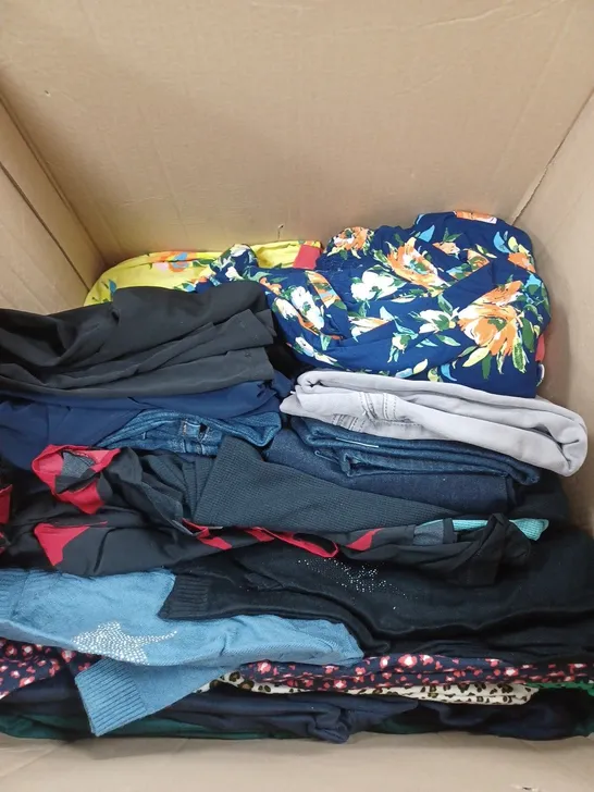 LARGE BOX OF ASSORTED CLOTHING ITEMS TOO INCLUDE TOPS , TROUSERS AND JUMPERS COMING IN DIFFERENT COLOURS AND SIZES 