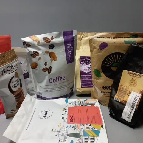APPROXIMATELY 8 ASSORTED FOOD & DRINK ITEMS TO INCLUDE THE FAST800 REAL FOOD SHAKE COFFEE (10 SERVINGS), WELSH BREW HOT CHOCOLATE (300g), EXHALE ORGANIC HOUSE ROAST (450g), ETC