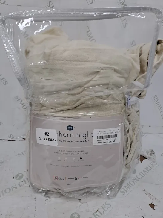 NORTHERN NIGHTS 100% COTTON 4PC FLANNEL DUVET SET IN CREAM - SUPER KING