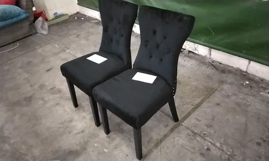 PAIR OF KENSINGTON BLACK VELVET BUTTON BACK DINING CHAIRS WITH BLACK LEGS