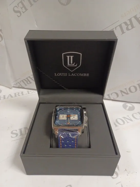 MENS LOUIS LACOMBE WATCH – SQUARE DIAL WITH WHITE SUB DIALS – LEATHER STRAP