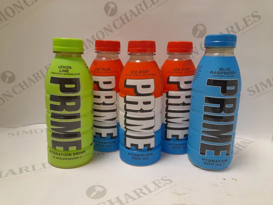 LOT OF 5 ASSORTED PRIME DRINKS TO INCLUDE 3 X 500ML ICE POPS & 1 X 500ML BLUE RASPBERRY, 1 X LEMON & LIME 