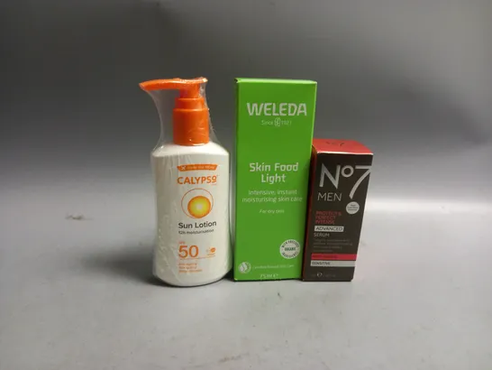 3 HEALTH AND BEAUTY PRODUCTS TO INCLUDE NO.7 MEN PROTECT & PERFECT INTENSE ADVANCED SERUM, WELEDA SKIN FOOD LIGHT, CALYPSO SUN LOTION 