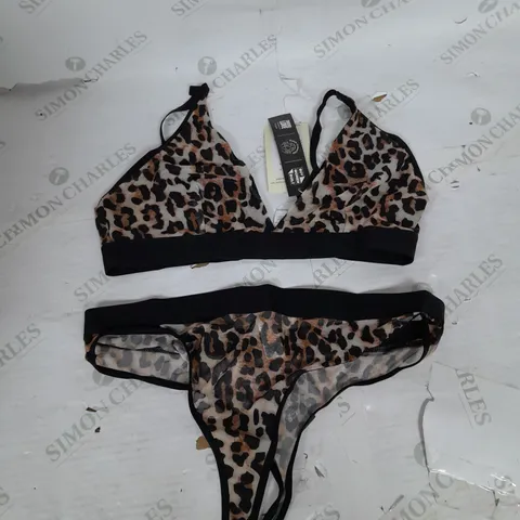 LEMONADE THONG AND BRALETTE SET IN LEOPARD PRINT MESH SIZE M AND 34-36 A-D