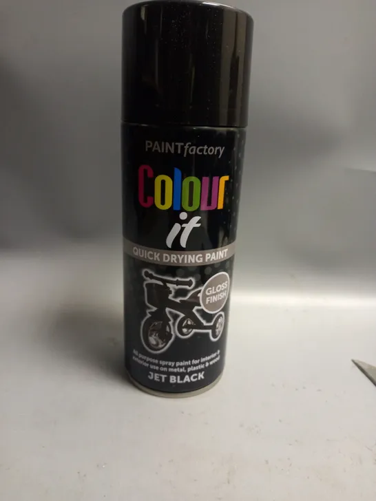 BOXED LOT OF 12 PAINT FACTORY QUICK DRYING SPRAY PAINT JET BLACK 400ML