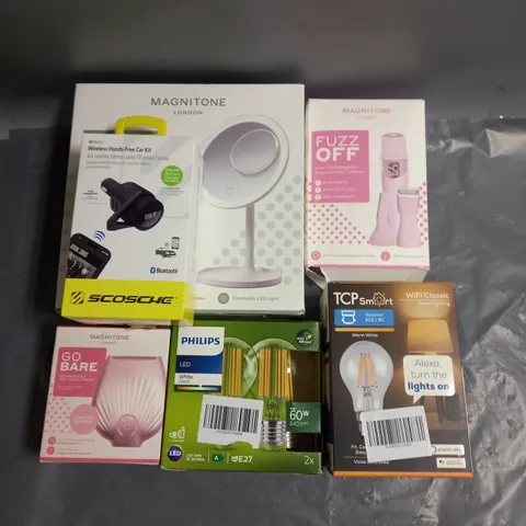 BOX OF APPROXIMATELY 20 ELECTRICAL ITEMS TO INCLUDE MAGNITUDE LONDON 3-IN-1 RECHARGABLE PRECISION HAIR TRIMMER, PHILIPS LIGHT BULB TWIN PACK, SCOSCHE WIRELESS HANDS-FREE CAR KIT ETC