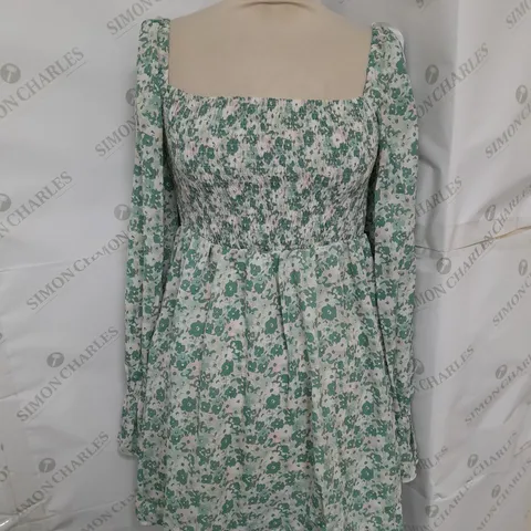 MISSGUIDED MILKMAID SHIRRED BUST MINI DRESS IN GREEN FLORAL SIZE 10