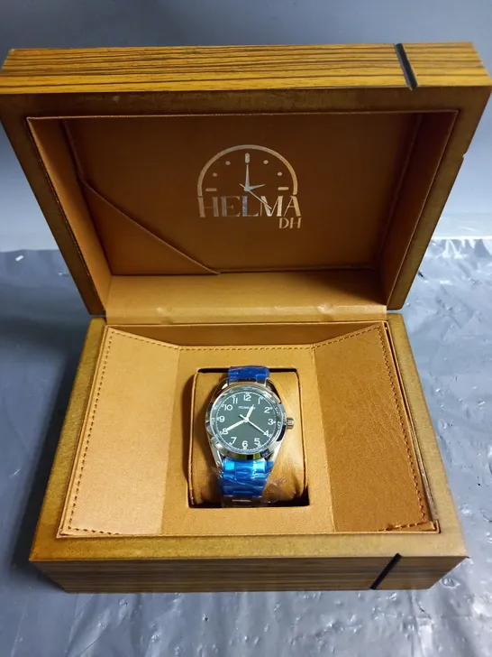 BOXED HELMA DH STAINLESS STEEL GREEN FACE WATCH