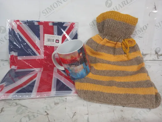 BOX OF APPROXIMATELY 20 ASSORTED HOUSEHOLD ITEMS TO INCLUDE HOT WATER BOTTLE, WINTER FOREST MUG, UNION JACK FLAG BUNTING, ETC