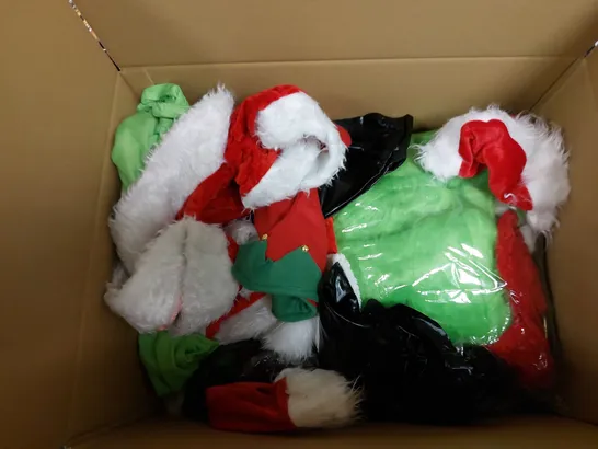 LOT OF MANY FANCY DRESS ITEMS AND CLOTHING TO INCLUDE THE GRINCH, AND OTHER CHRISTMAS RELATED ITEMS. 